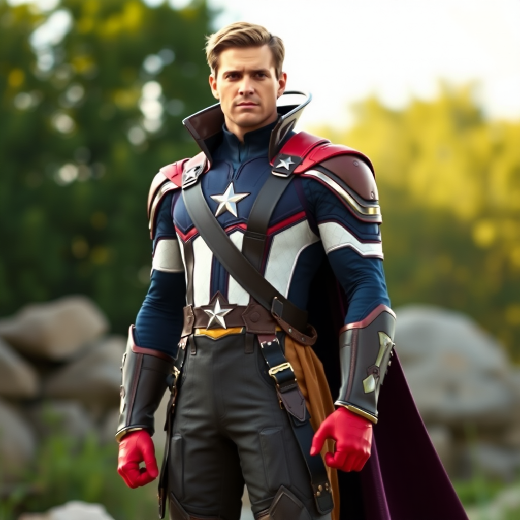 Generate a full-length image of Steve Rogers with the body traits of Snow White. Modify the body shape, with emphasis on the torso. Retain Steve’s core costume but incorporate embellishments and elements from Snow White’s attire. Place the character in a background that is an appropriate setting for both Steve Rogers and Snow White.