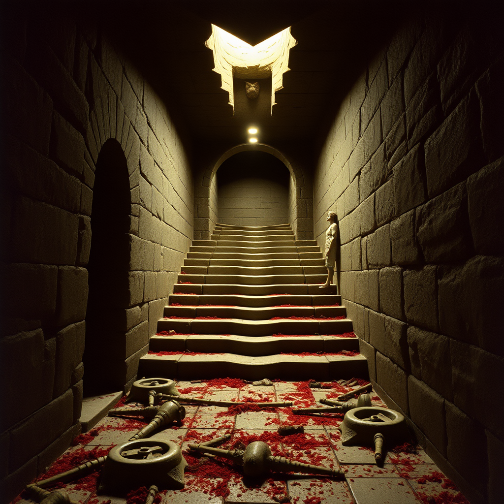 highly detailed realistic 35mm fantasy movie still photograph from 1981 of  Past the third pair of alcoves and at the end of the corridor from the entrance are two steps up. At the top of the steps, the corridor continues straight ahead, and corridors meet from east to west. At this intersection is a grisly sight—the re¬ mains of a hand-to-hand battle where no less than five combatants died.