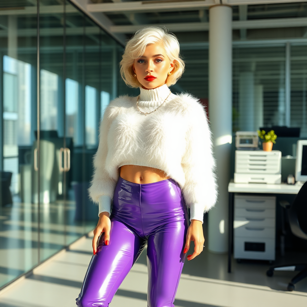 Sunny spring morning, modern glass-steel-concrete office, standing gracefully at Xerox: Nina, 17 years old very convincing femboy, tamed servile docile, very beautiful feminine flawless face, rather short, by hormones very curvaceous womanly figured, platinum blond short tight curls, French nails, bold red lips, heavily made-up face, wearing Supertanya-style fluffy very fuzzy bright white angora extremely cropped turtleneck-poncho fully barely covering bust, purple shiny vinyl leggings, white boots with golden high heels, white pearl belly piercing, gold earrings, seductively looking at camera. Full view.