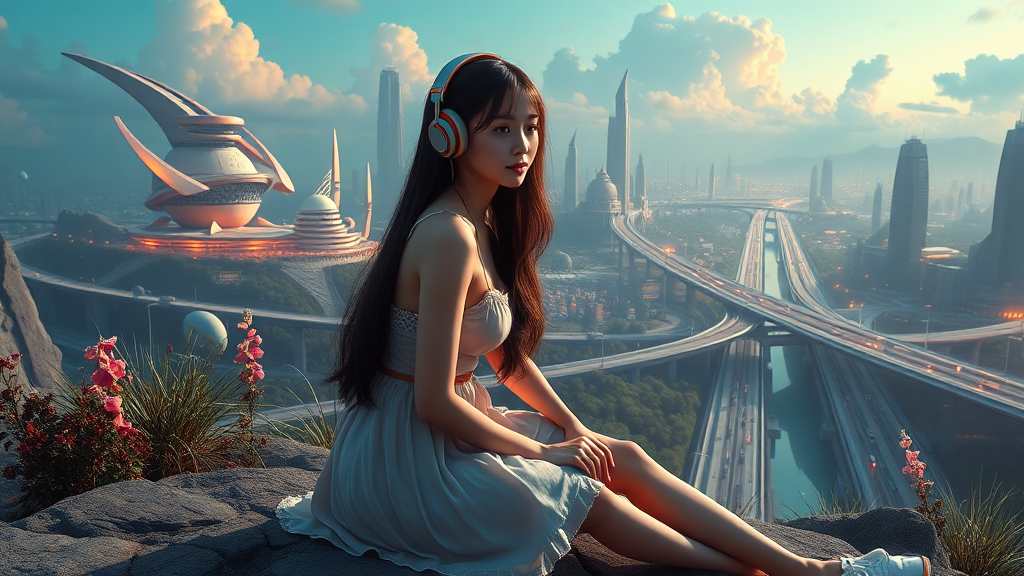 pretty asian woman with long hair in pretty short dress, sit on the ground with headphones, on an alien planet with futuristic city with nice greenery flowers and waterscapes and nice clouds, highways and streets, ultra realistic view and ultra high cinematic detail