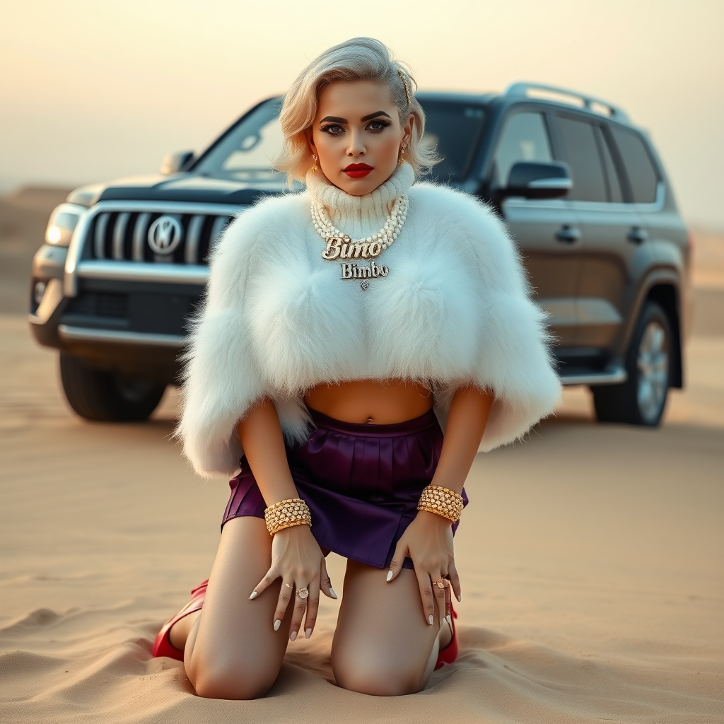 Kuwait desert dunes misty dawn, full size luxury SUV: Melissa, European 17 years old very convincing femboy “trophy-bimbo”, tamed servile docile, very beautiful feminine flawless face, rather short, by hormones very curvaceous womanly figured, platinum blond short tight curls, bold red lips, long white French nails, heavily made-up face, wearing Supertanya-style fluffy very fuzzy bright white angora turtleneck-poncho cropped ending under bust decorated with pearls and glass stones, very tight purple vinyl mini pleated skirt, bright red pumps with golden very high heels, white pearl belly piercing, full Oriental bridal jewelry including headpiece, nose-ring, coin wristlets, coin anklets, striking diamond “Bimbo” letter brooch on left chest, thick heavy pearl wristlets, pearl anklets, pout frustrated, kneeling in sand in front of SUV, looking at camera. Focus on face and turtleneck-poncho.