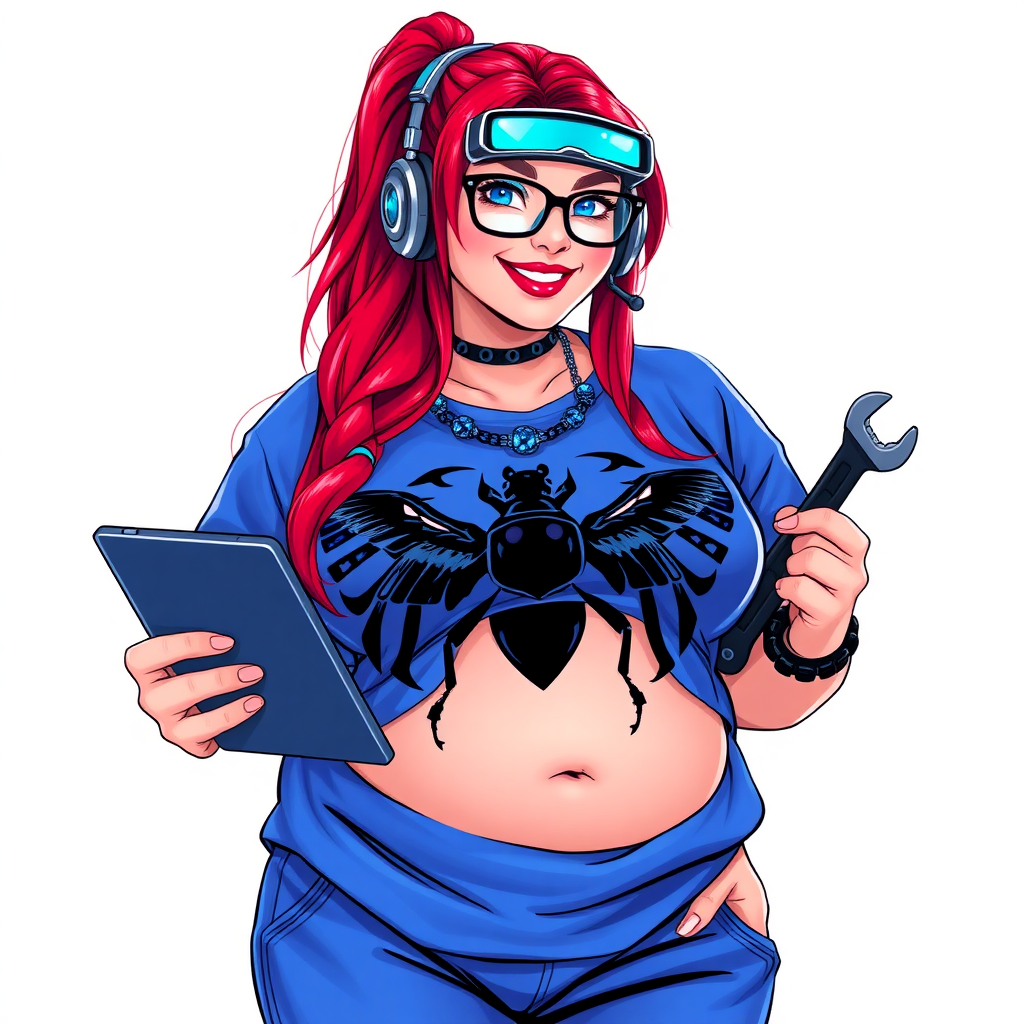 A cyberpunk vigilante’s full-figured intelligent and tech-savvy 29-year-old girlfriend, who is a computer hacker and tech genius. She has a long ruby red ponytail and bright blue eyes. She wears a sapphire beetle gemstone necklace, an oversized Maximum Blue (RGB 71, 171, 204) t-shirt featuring a giant black chest icon of a winged beetle, and matching Maximum Blue sweatpants. She has a full-figured physique with an enormous, well-rounded midsection, reflecting her well-cared-for lifestyle. She sports a sapphire headset with a hi-tech Maximum Blue (RGB 71, 171, 204) lensed HUD visor, Maximum Blue (RGB 71, 171, 204) lipstick, black eyeglasses, and a beaming smile with a passionate bright red blush. Despite her figure and a lack of self-esteem, she radiates an air of beauty. She has an angular face which contributes to her radiant beauty. She serves as his tech expert from his hideout, holding a holographic tablet and a hi-tech tool wrench. The background is solid white. She is drawn as if she was in a retro 2D cyberpunk fighting game. Make sure her outfit covers her enormous midsection.