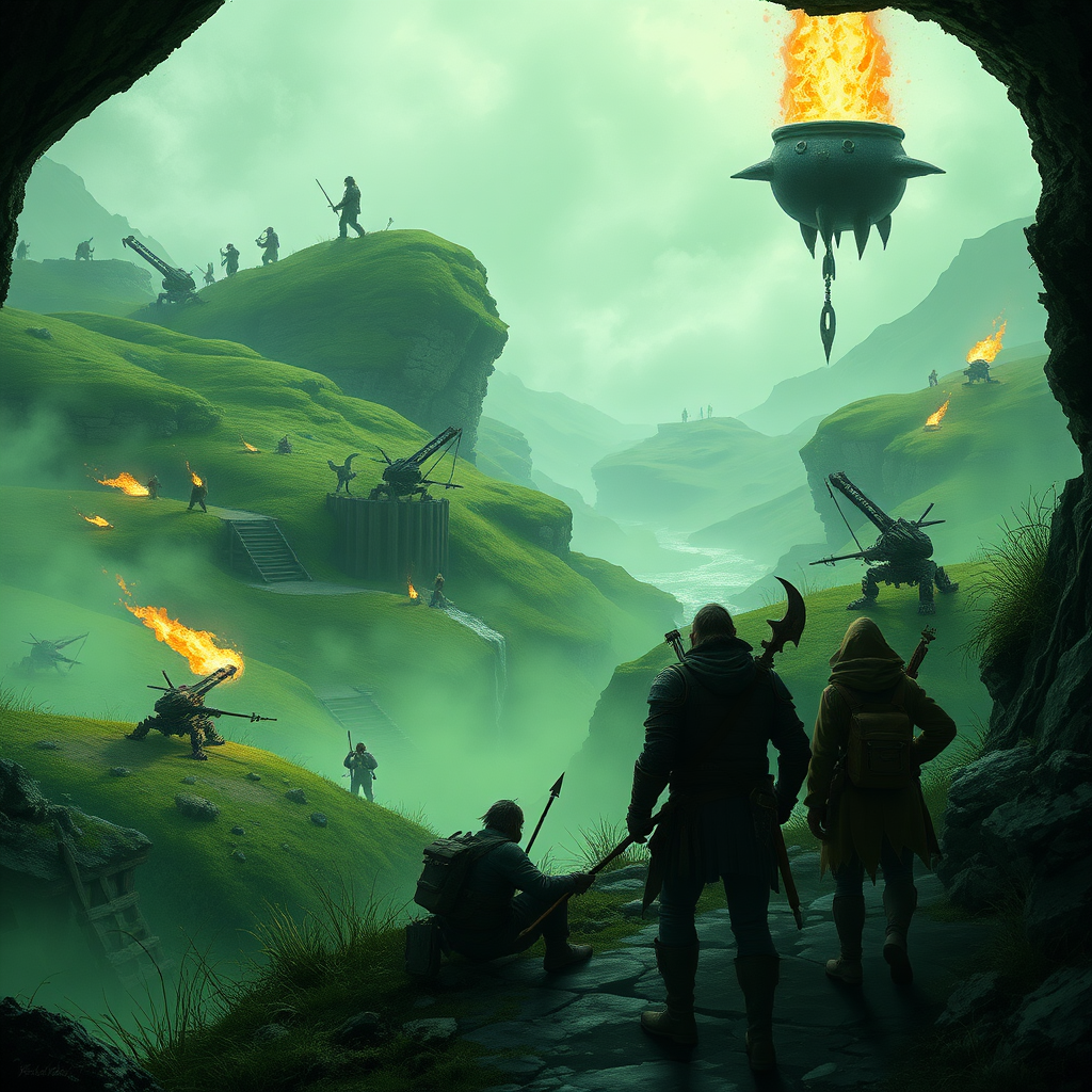 A goblin warzone, ballistas set on rolling green hills above a river. Archers are posted behind wooden barricades, and a floating water elemental in the shape of a humanoid patrols the valley. Adventurers exit from a cave to observe the scene before them, weapons drawn. A green mist covers the area like a dense fog, lit up here and there by large cauldrons of flame.