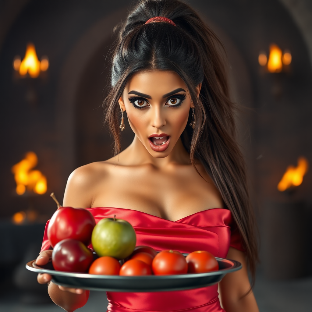 realistic photo of a surprised Arabian model with mouth open. She has very large eyes, black eyeshadow, black eyeliner, fake eyelashes, very tanned skin, very long hair. very high ponytail, she look likes princess jasmine, shinny red off shoulder crop top. photo realistic. She holds a metal tray with fruits just above her waist. crop top, shinny red skirt. full body view. shinny red pencil skirt. dungeon with fire torches in the background.