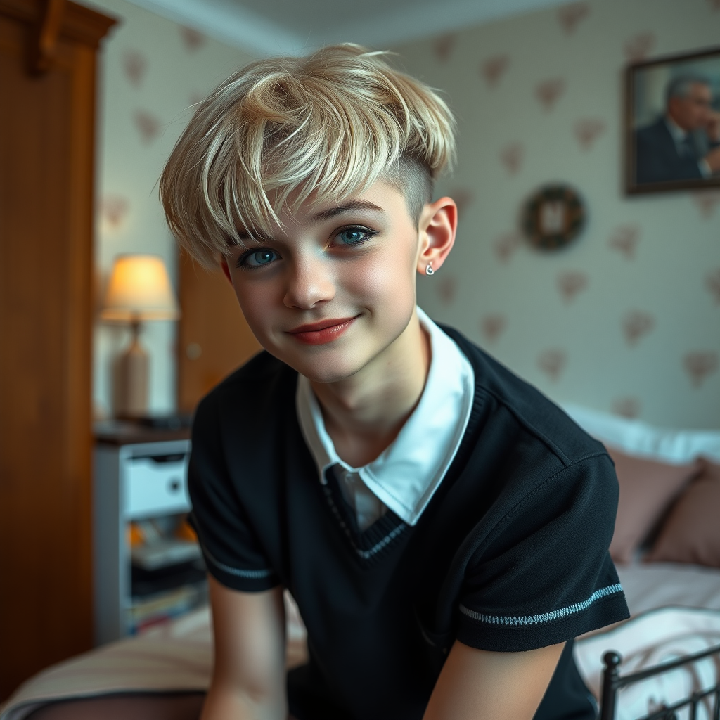 photorealistic, ultra high resolution, 16K, surreal fantasy, soft studio lighting, a pretty 16 year old goth male, slim male physique, short blonde hair, goth makeup, earrings, sheer black pantyhose, UK girls-school uniform, Mary-Jane shoes, in the bedroom - , excited smile, facing the camera.