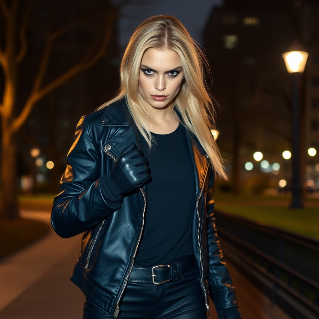 A beautiful blonde angry female burglar in black leather jacket over black t-shirt with black pants and gloves in Manhattan park at night.