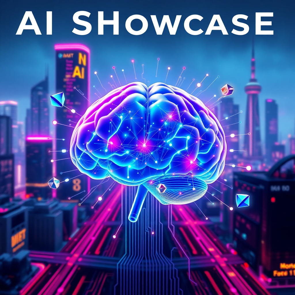 Create an 8k HD, high-quality, futuristic poster design for an 'AI Showcase' event hosted by an AI society. The background features a sleek, modern cityscape with glowing neon accents and circuit patterns, symbolizing the fusion of technology and human society. In the foreground, a large, abstract AI brain is illuminated with bright blue, purple, and pink lights, composed of intricate, interconnected nodes and wires, representing the complexity and intelligence of AI. Surround the brain with floating holographic elements, streams of digital data, and 3D geometric shapes, creating a dynamic and high-tech atmosphere. The overall look is clean, modern, and vibrant with sharp, detailed features that stand out, leaving space at the top for event text and information.