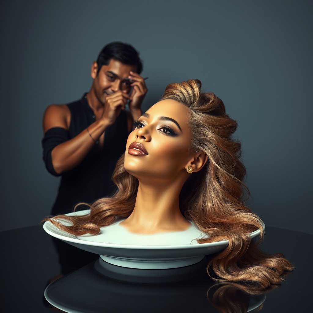 In a surreal and provocative scene, a beautifully tethered, disembodied head of Beyoncé rests gracefully on an elegant porcelain plate, her long, luxurious hair cascading like a waterfall of silky strands around the edges, creating a striking contrast against the stark, muted gray background. The sheen of her skin glows softly, exuding an air of ethereal beauty, while her chin rests delicately on the plate, poised and serene. Behind her, a skilled hairdresser, clad in chic black attire, stands with a focused expression, gently teasing and arranging her magnificent hair with nimble fingers, creating intricate patterns that defy gravity. The atmosphere is oddly intimate yet surreal, blending an appreciation of beauty with an unsettling twist, as soft light casts subtle shadows, enhancing the textures of both hair and porcelain. The air is filled with a quiet stillness, broken only by the subtle sound of the hairdresser’s scissors snipping rhythmically and the faint fragrance of hair products mingling with the cool air, heightening the unusual but captivating atmosphere of the scene.