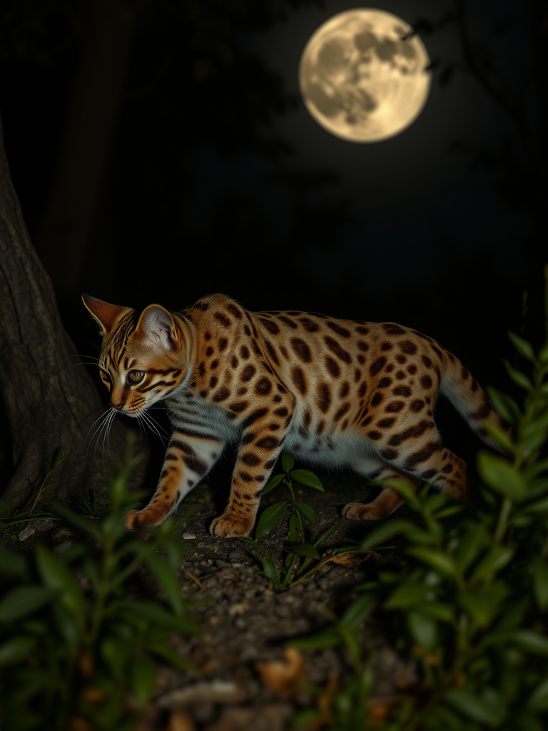 Create a hyper-realistic 4K image of a Rusty-Spotted Cat engaging in nighttime activities. The scene should be set in a dark, moonlit environment with subtle illumination to highlight the cat’s distinctive rust-colored spots. Include elements like shadows, moonlight filtering through foliage, and the cat's natural behavior, such as hunting or exploring, to capture the essence of its nocturnal lifestyle.