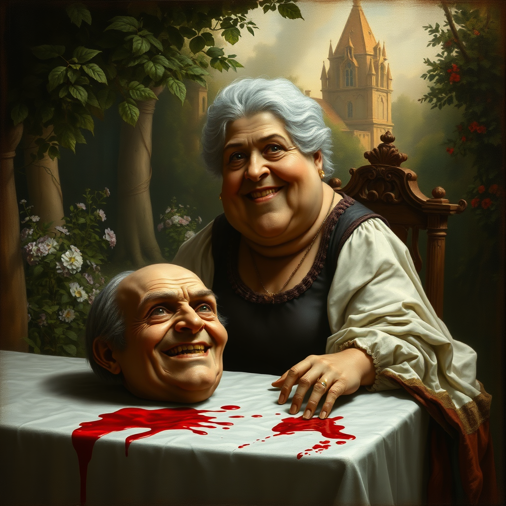 An ugly fat old lady is sitting in a fairytale garden; she is sitting at a table with a head of a man that has been killed on the table, smiling evilly. There's blood on the table. Painting with dramatic lighting, Renaissance.