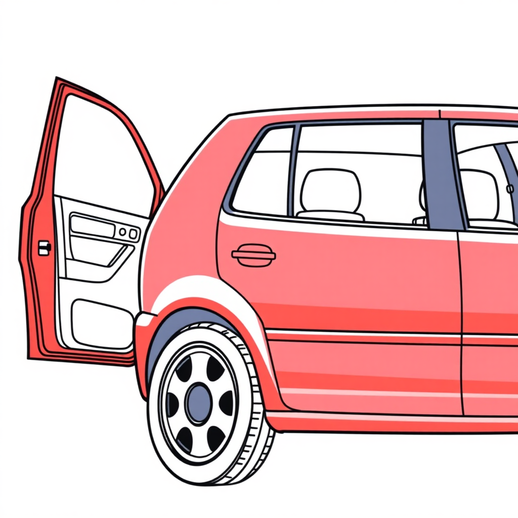 red vw polo II car, driver's door wide open, long establishing shot, 2D, caricature, cartoon, Sketch lines, coloring book, coloring book style on white background, well composed, clean coloring book page, No dither, no gradient, strong outline, No fill, No solids, vector illustration, realistic proportions, blueprint, left side view