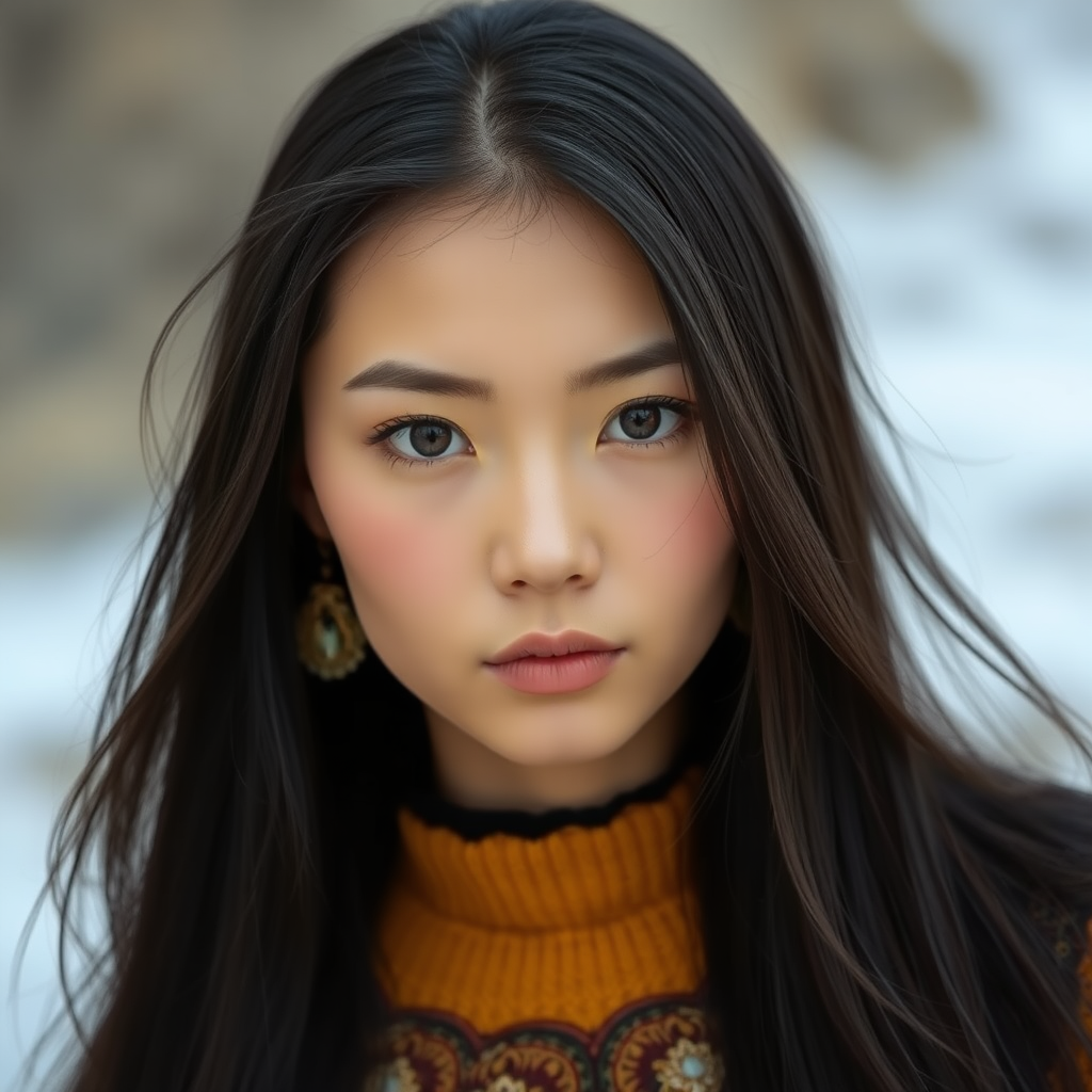 A young Mongolian woman with long, jet-black hair and extremely Mongolian eyes