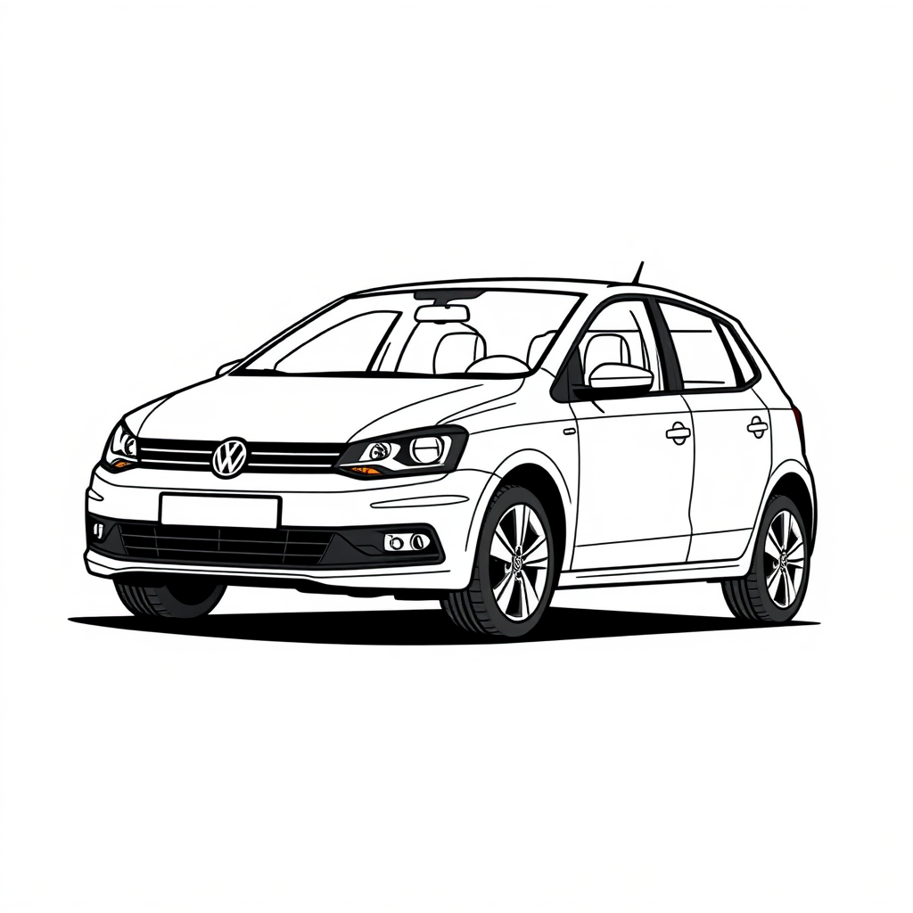 a white VW Polo V long establishing shot, 2D, caricature, cartoon, Sketch lines, coloring book, coloring book style on white background, well composed, clean coloring book page, No dither, no gradient, strong outline, No fill, No solids, vector illustration, side view, vector illustration, movement lines