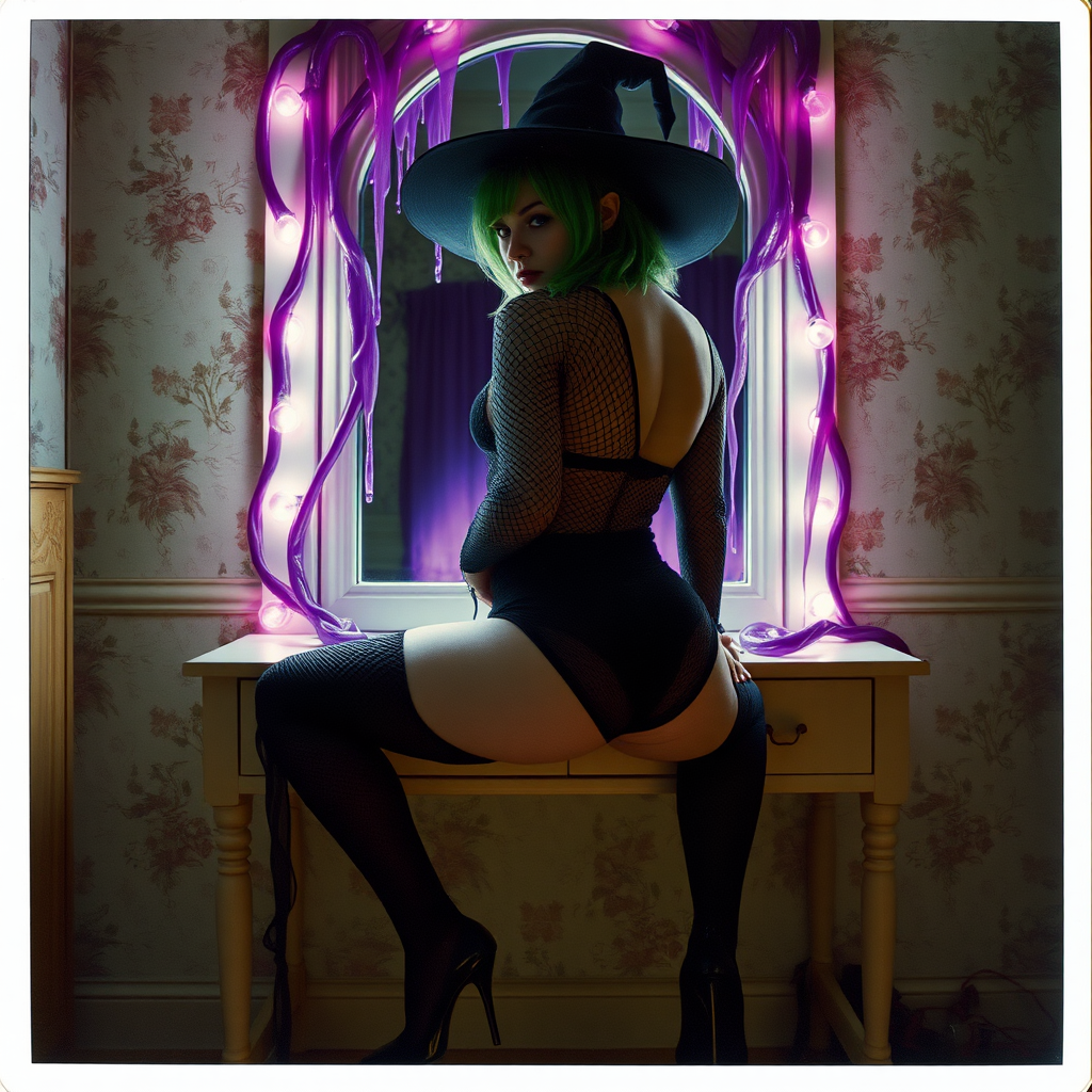 Scan of an nsfw old polaroid photograph with visible wear and heavy vignetting and blue color tint and light leaks, depicting a sexy pale curvy alt goth girl with plump booty and green hair wearing skimpy fishnet black bodysuit and gstring revealing her nipples and wearing black stockings and high heels, sitting on a builtin vanity with mirror in old house with wallpaper on walls with her knees spread apart. Camera flash used. Dark lighting. Moody and hazy. Grunge look. Erotic. Nude. Pink Christmas Lights on wall. She is wearing a witch hat and is being restrained by giant glowing translucent slimy jello like purple vines dripping goo coming from inside glowing purple portal in the mirror, wrapping tightly around her arms and legs and torso. The vines are pulling her back towards the mirror.