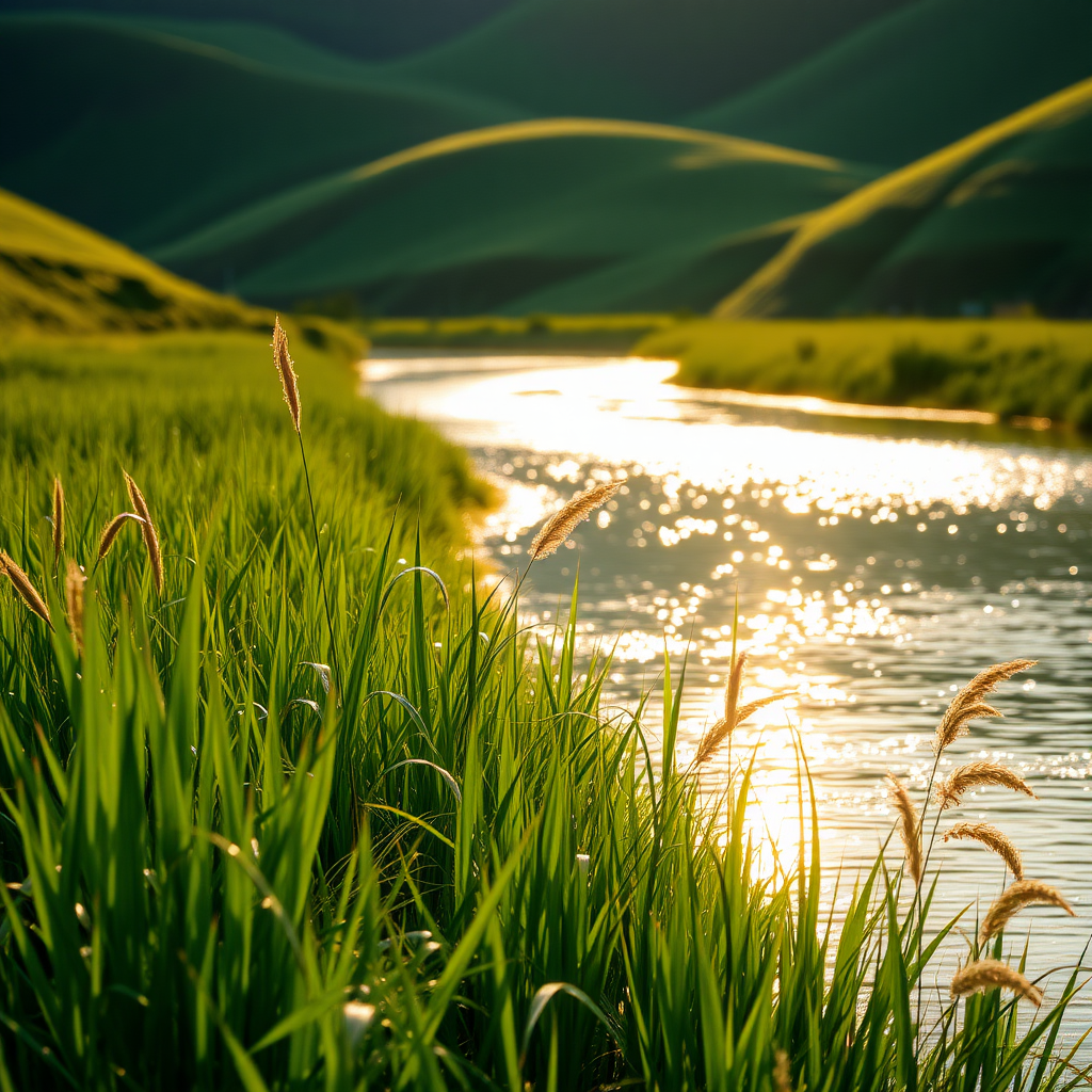 Lush waterway scene at golden hour, impressionistic style. Gentle curves of a shimmering, reflective river, glistening under soft sunlight. Tall, vibrant green grass swaying near the water's edge, with wisps of golden reeds bending in the breeze. The background features rolling hills covered in varying shades of green, casting a serene and tranquil vibe. Sparkling light dancing on the water’s surface creates a dreamy atmosphere. Dominant colors are rich greens and warm golden hues, enhancing the peacefulness of the natural setting.