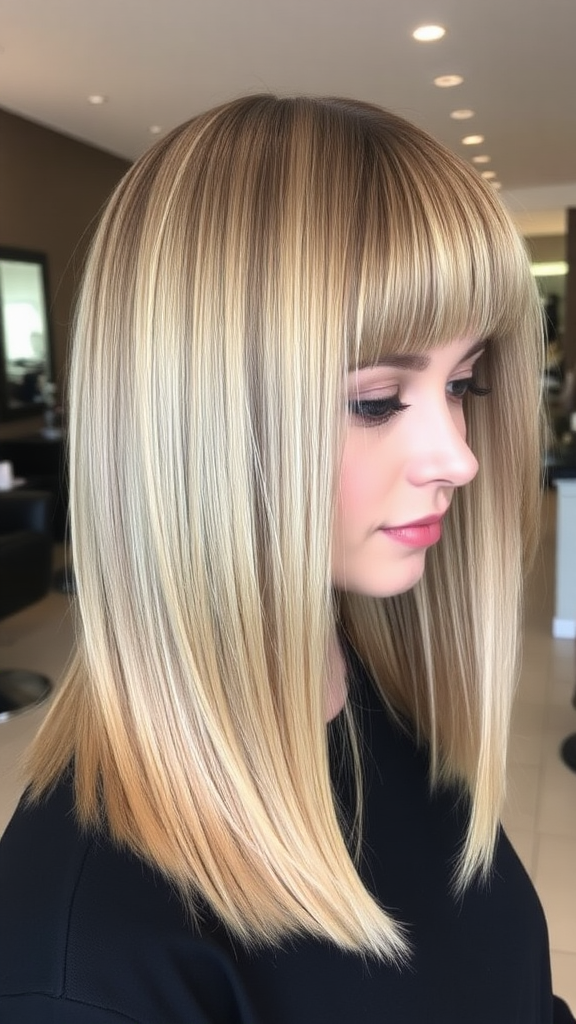 Beautiful model with straight lob haircut with blunt fringe in ash blonde color, in high definition, in the background, hairdressing salon.