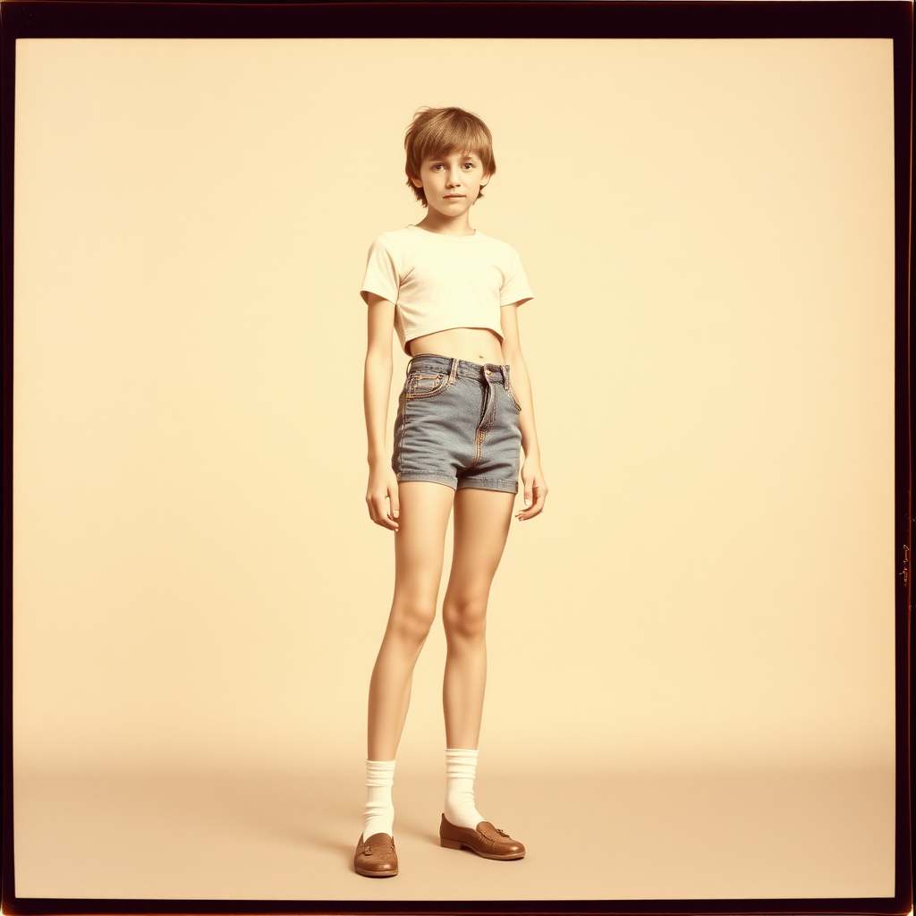 Tall skinny teen boy, shoulders long hairs, wearing crop t-shirt, denim tight booty shorts, socks, shoes, long legs, bare thighs. Vintage photograph, 1970s. 
Negative: bad anatomy, extra limbs, watermark.