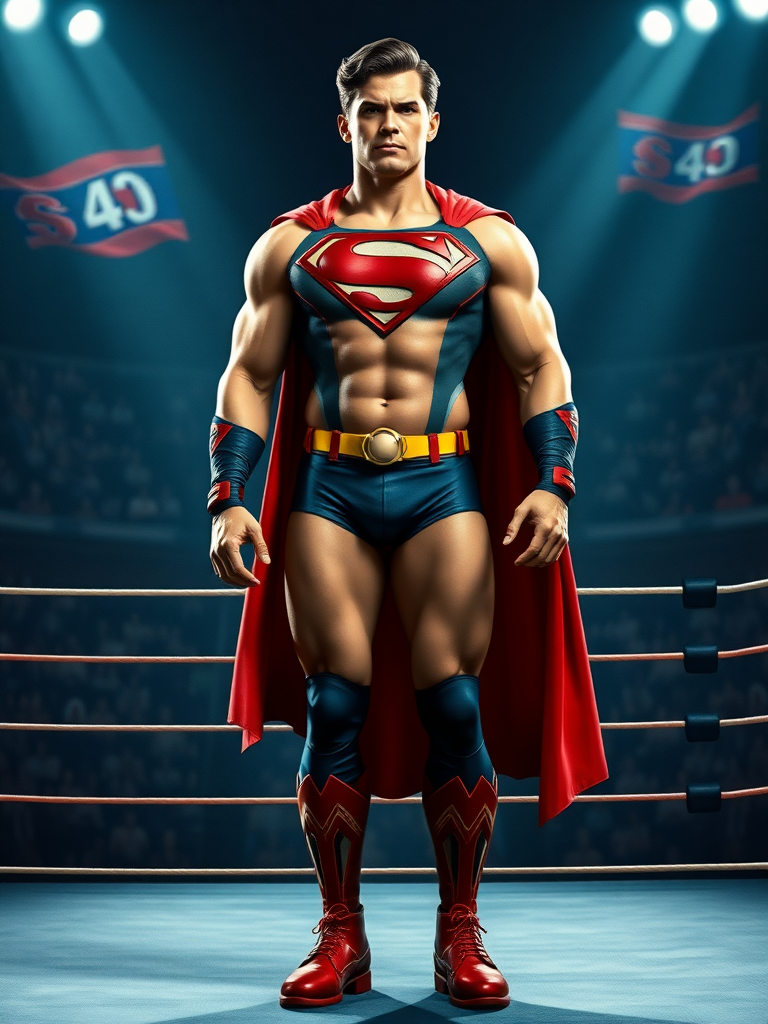 Generate a full-length image of Superman with the body traits of R. Mika, excluding head hair and facial features. Retain the core elements of Superman's classic costume, but incorporate embellishments and design elements from R. Mika's secondary character, such as her denim vest and armbands. The character's physique should be muscular and athletic, with strong shoulders, defined abs, and toned legs. The background should reflect an appropriate setting for both Superman and R. Mika, such as a bustling cityscape with a wrestling ring in the foreground. The lighting should be dynamic, with bold shadows and highlights that emphasize the character's form and costume details. The overall tone should be heroic and action-packed, capturing the essence of both Superman and R. Mika's wrestling persona.