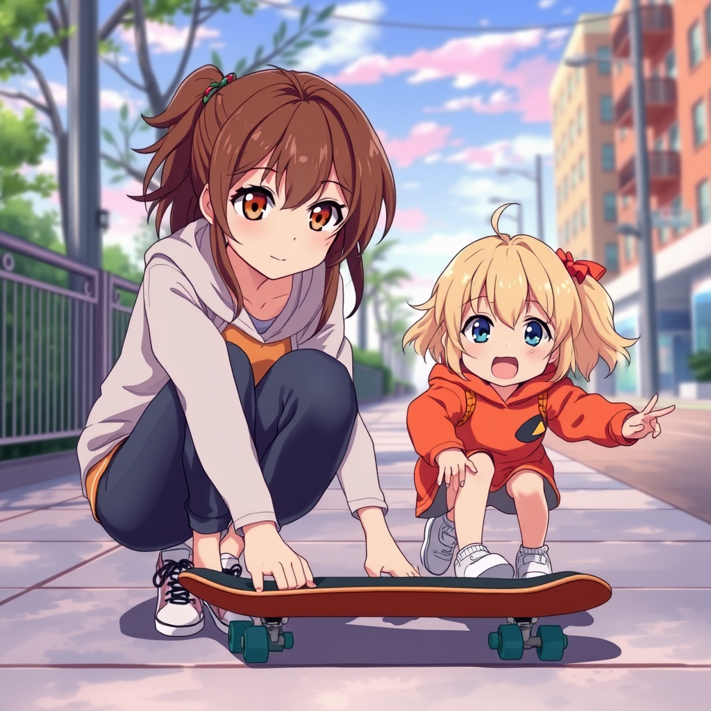 Two anime sisters, one a teen with light brown hair and hazel eyes and the other a smaller kid with blonde hair and blue eyes, playing with a skateboard on a sidewalk