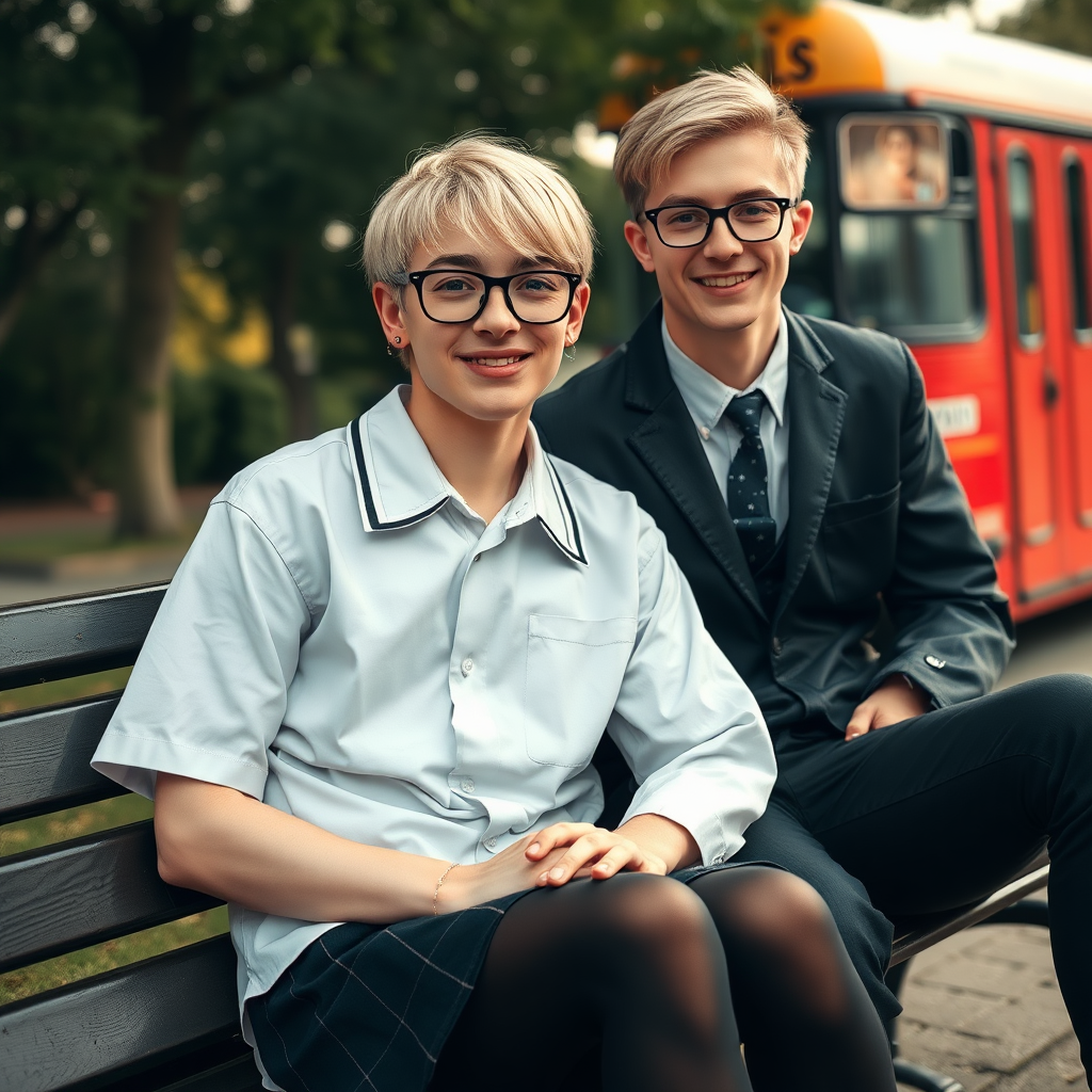 photorealistic, ultra high resolution, 16K, surreal fantasy, soft studio lighting, a pretty 18 year old goth male, slim male physique, short blonde hair, black glasses, goth makeup, earrings, shiny black pantyhose, UK girls-school uniform, Mary-Jane shoes, sitting on his boyfriend's lap on a bench waiting for the school bus, in daylight, excited smile, facing the camera.