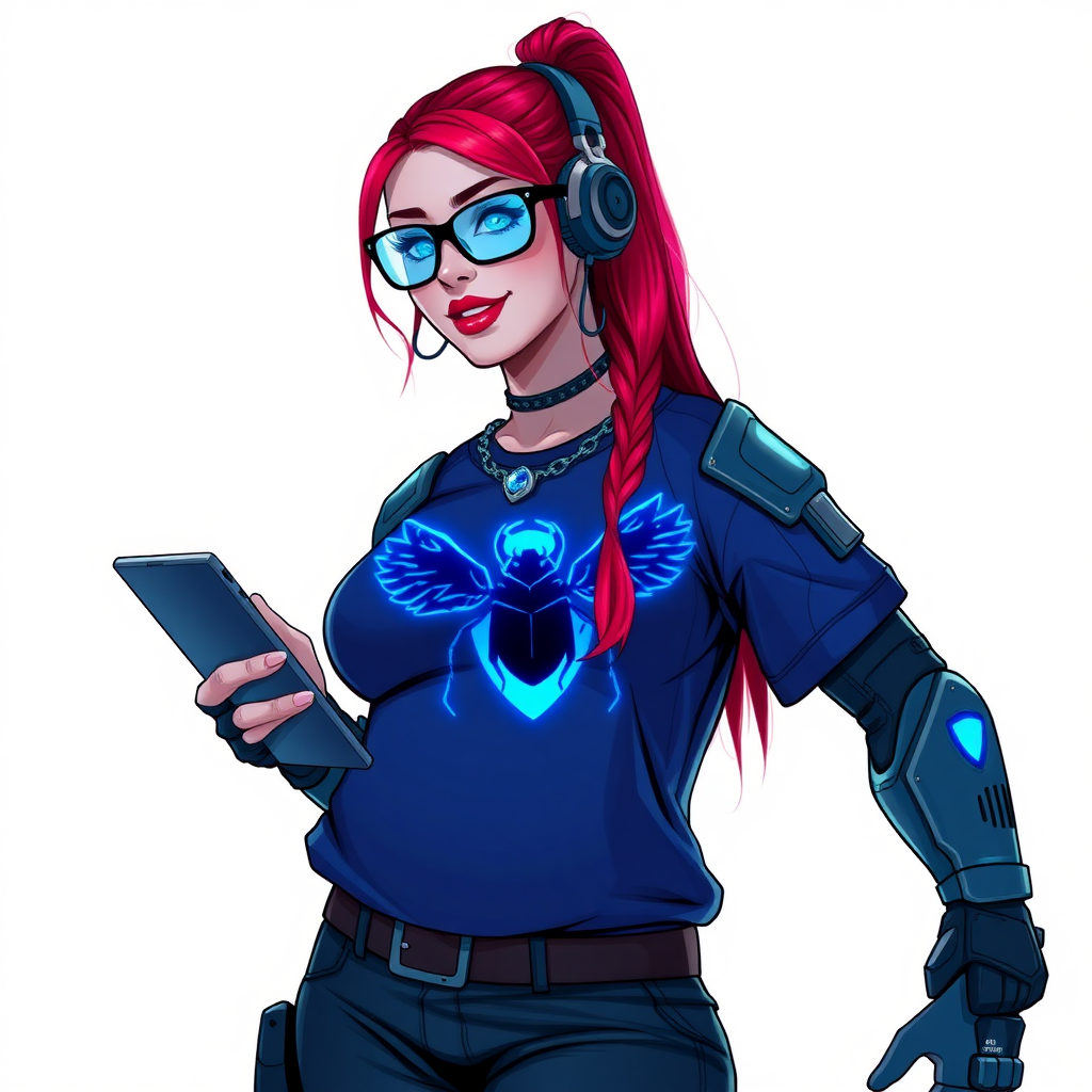 A cyberpunk vigilante’s full-figured intelligent and tech-savvy 29-year-old girlfriend, who is a computer hacker and tech genius. She has a long ruby red ponytail and bright blue eyes. She wears a sapphire beetle gemstone necklace, and an armored, oversized, Maximum Blue (RGB 71, 171, 204) t-shirt featuring a giant neon blue glowing chest icon of a winged beetle. She has a full-figured physique with a prominent, gargantuan, round midsection, reflecting her well-cared-for lifestyle. The midsection is heavily emphasized. She sports a sapphire headset with hi-tech Maximum Blue (RGB 71, 171, 204) lensed HUD visor, Maximum Blue (RGB 71, 171, 204) lipstick, black eyeglasses, and a beaming smile with a passionate bright red blush. Despite her figure and a lack of self-esteem, she radiates an air of beauty. She has an angular face which contributes to her radiant beauty. She serves as his tech expert from his hideout, holding a holographic tablet and a hi-tech tool wrench. The background is solid white. She is drawn as if she was in a retro 2D cyberpunk fighting game.