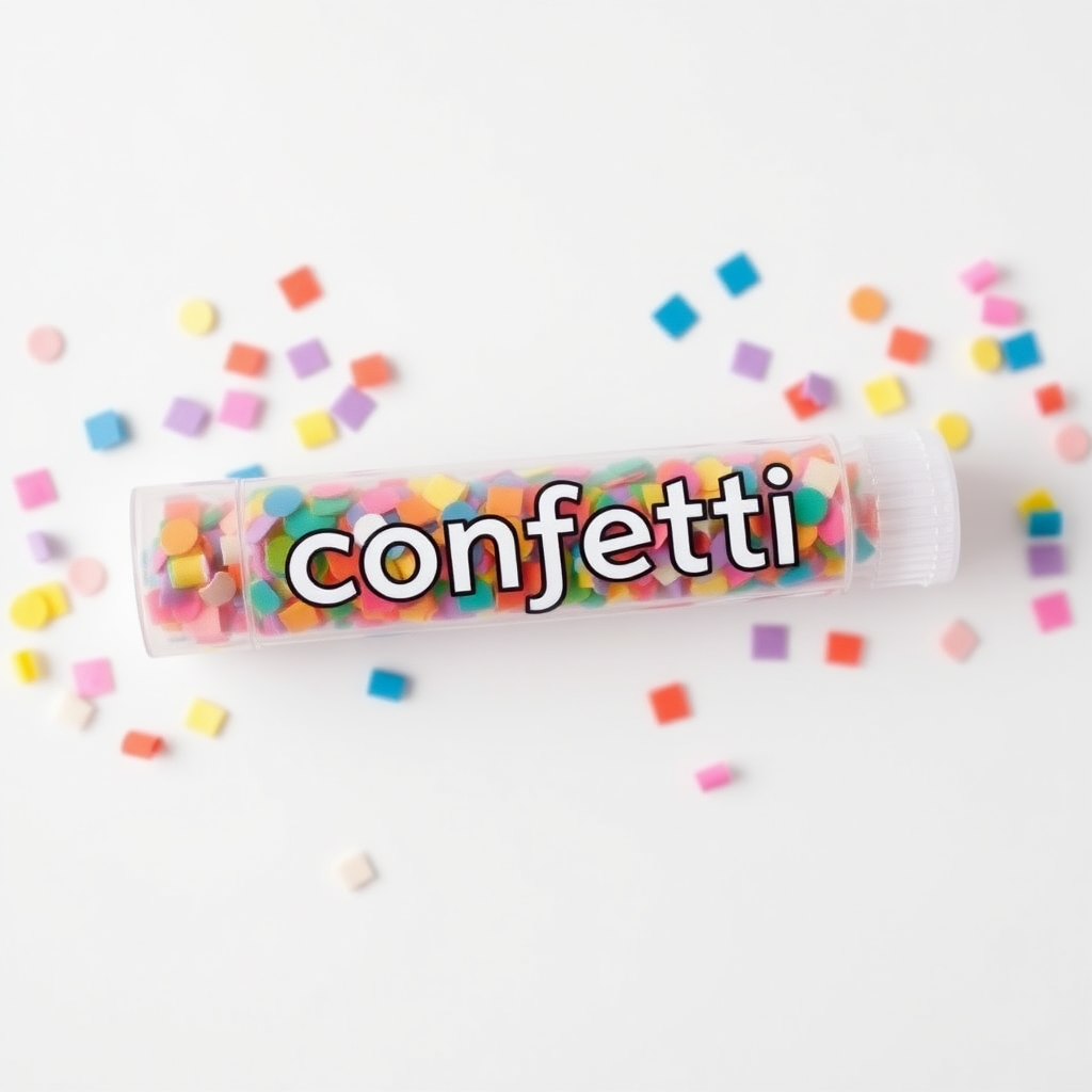 colorful confetti popper tube with text "confetti" on it, closed from both ends