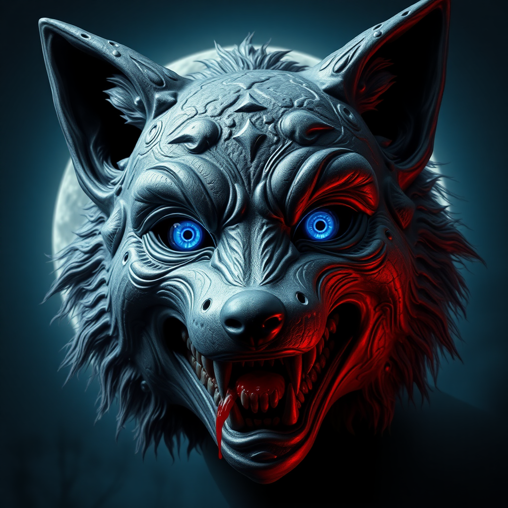 photorealistc style ancient eerie-looking kitsune-silverfox mask with blue eyes with baring teeth with blood on the fox teeth, in front of the full moon