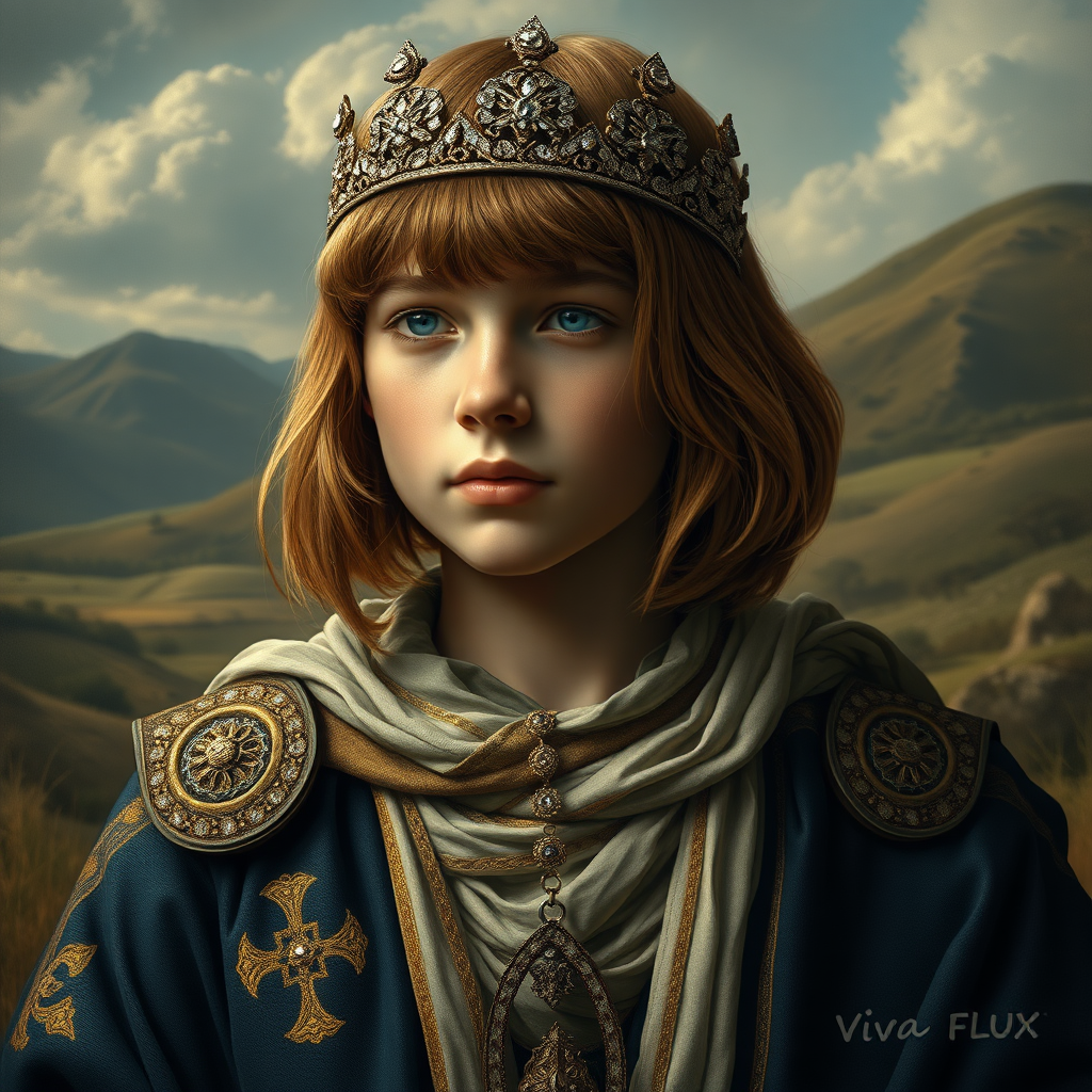 16yo teen boy prince, long bob cut, embroidered with gold and diamonds medieval cloths, diamond diadem, and Beautiful War. Free style by FLUX photorealistic. The background is in the style of landscape style by Antonio del Polaiolo,Generating the signature at the bottom: Viva FLUX, ultra high resolution, 16K,