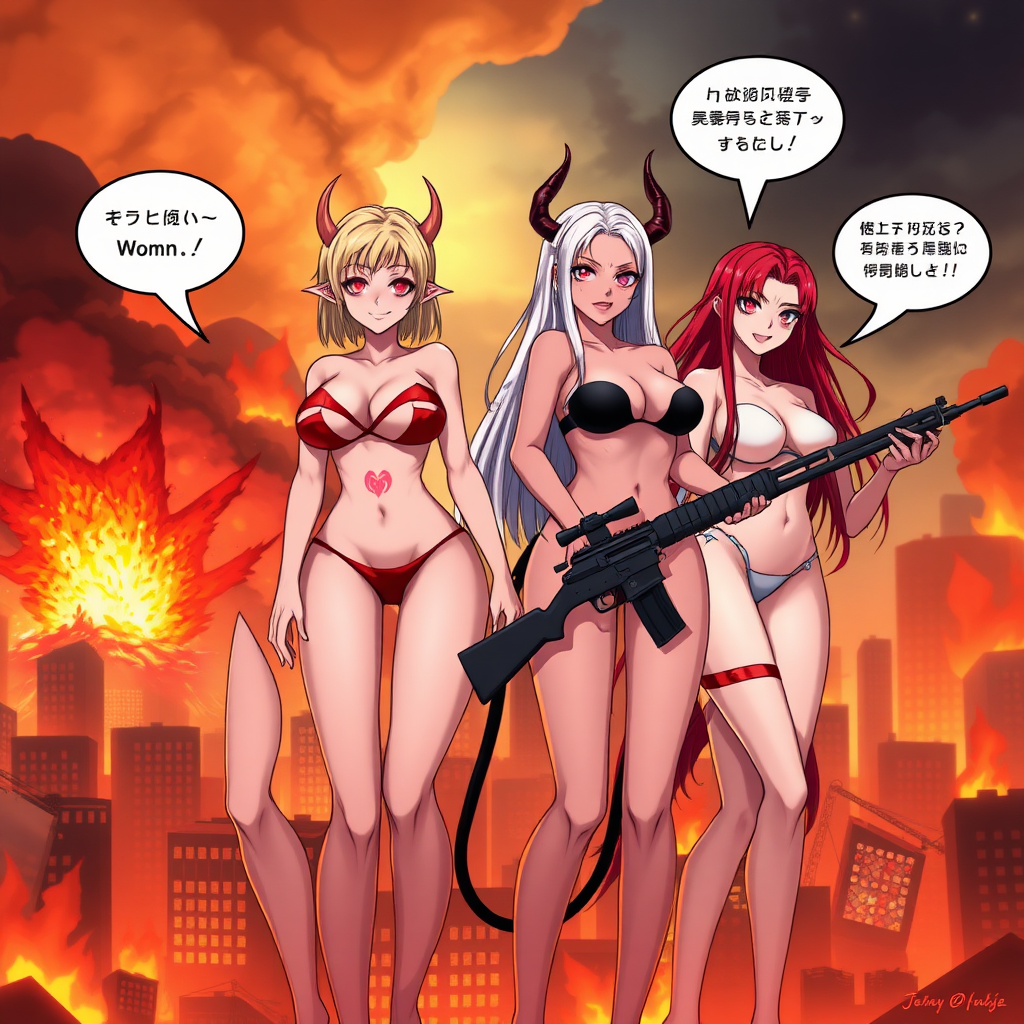 Anime, city on fire background, 4 mischievous tall-slender demon women, short blond hair, wearing sexy-micro bikini-bra-like clothing, micro g-string bikini, Womb tattoo on belly, mischievous wicked lusty smile, large breasts, full body, long legs, looking at viewer, speech bubble with a burning city, holding rifle, a building crumbling and exploding, 1 women has long-white hair with 2 middle fingers, a pink vagina-shaped portal opened afar, 2nd women has long-crimson hair and is wearing nothing but red-gem tit coverings.