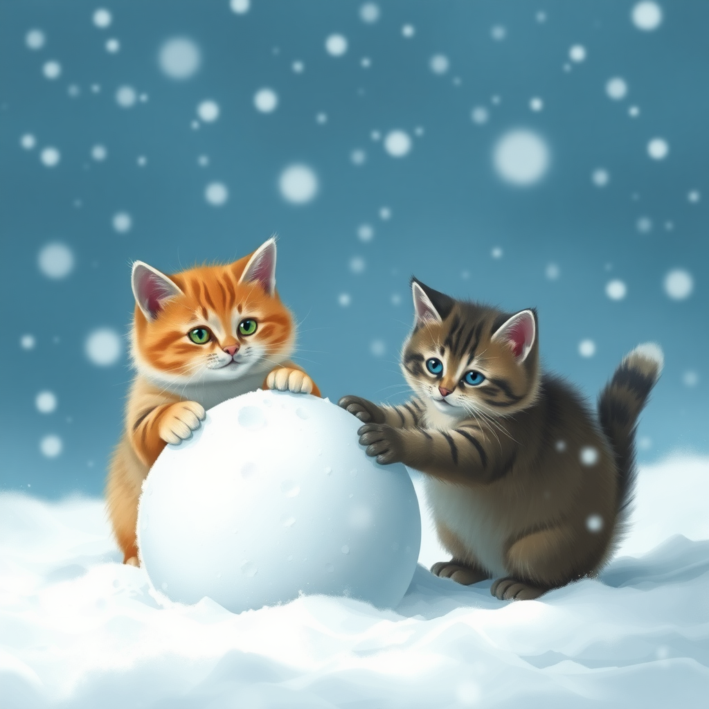 A pair of adorable cats in a snowstorm. They’re rolling a large snowball to make a snowman.