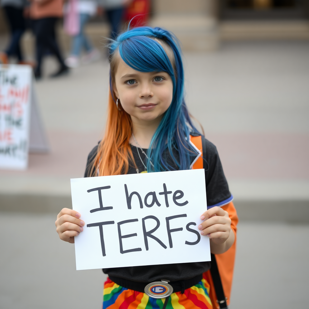 young girl with long hair undercut and blue hair, wearing rainbow-themed clothes holding a sign "I hate TERFs"