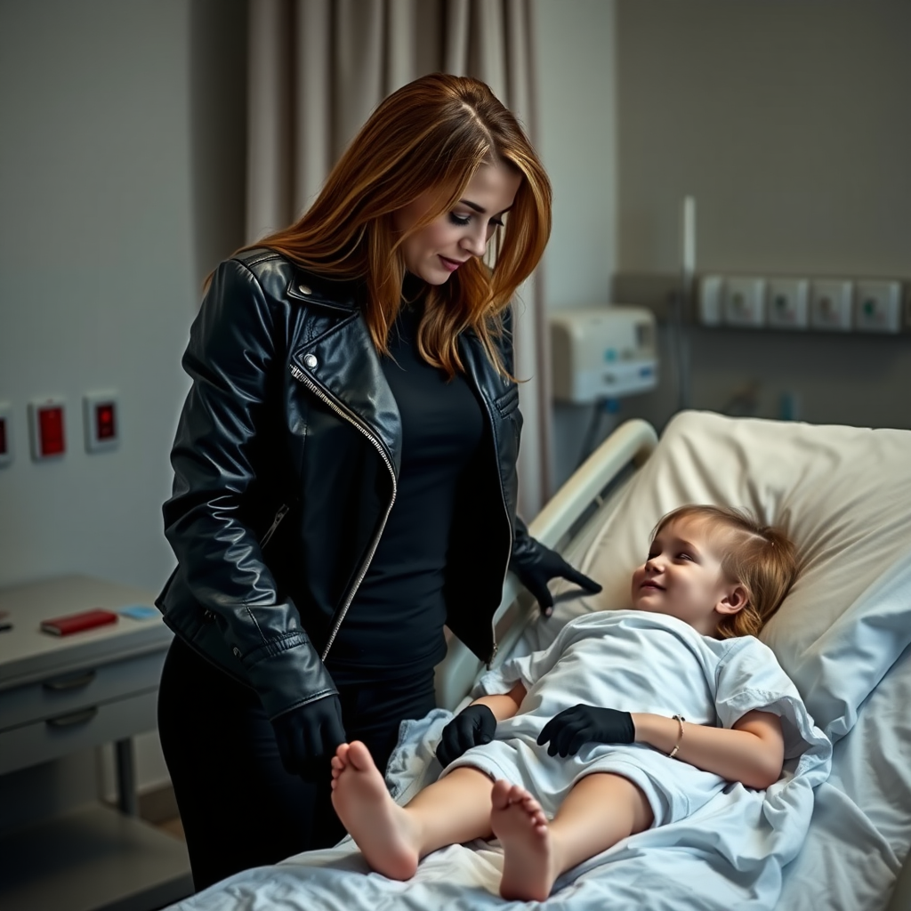 A beautiful female burglar in black leather jacket over black t-shirt with black pants and gloves visits her sick little daughter lying in hospital bed.