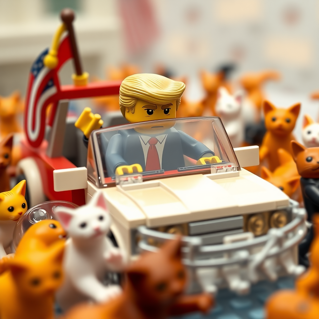 Trump in lego car flooded with cats