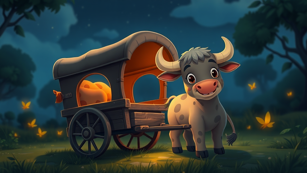 A cute cart and bull at night with some fireflies around animation.