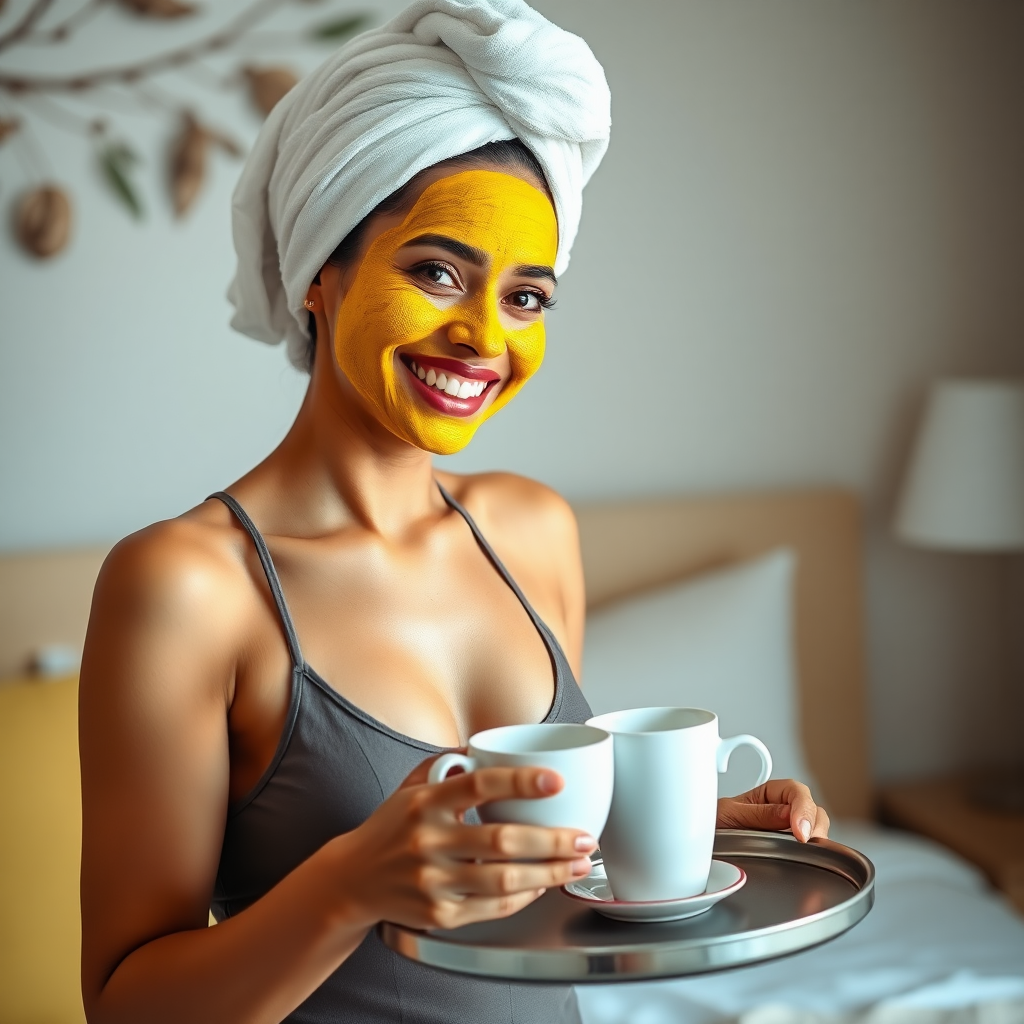 slim, 30 year old, indian wife, towel head, turmeric face mask. She is smiling and serving bedside coffee on a tray.