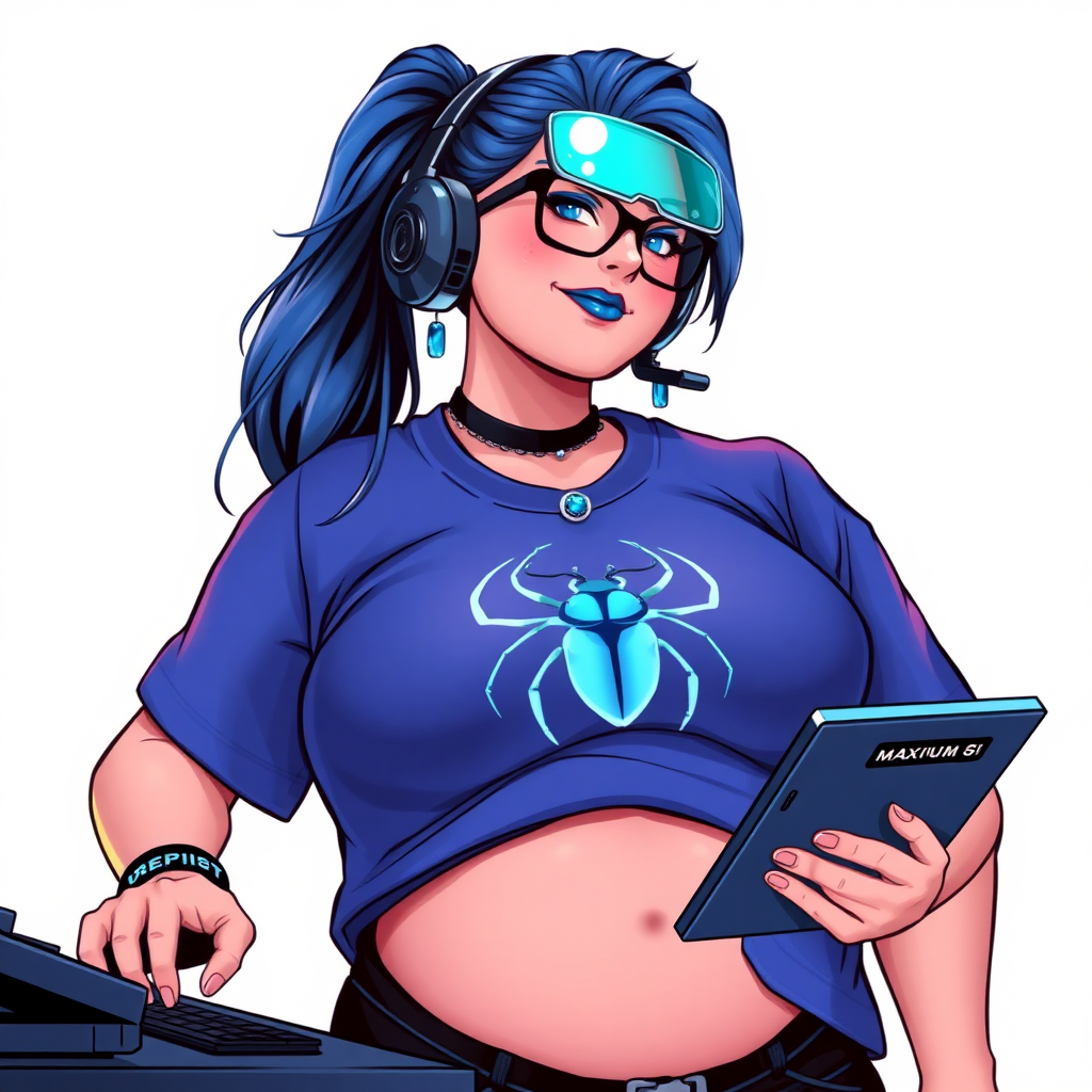 A cyberpunk vigilante’s full-figured intelligent and tech-savvy 28-year-old girlfriend, who is a computer hacker and tech genius. She has a long maximum blue ponytail. She wears maximum blue lipstick, bright blue eyes, a sapphire beetle gemstone necklace, sapphire earrings, black eyeglasses, and an oversized maximum blue t-shirt featuring a blue sapphire gemstone crusted chest icon of a beetle. She has a full-figured physique with a prominent, massive, round belly, reflecting her well-cared-for lifestyle. She sports a sapphire headset with a hi-tech maximum turquoise lensed HUD, and a shy smile with a neon red blush. She serves as his tech expert from his hideout, diligently working at her workbench and computer desk, while holding an electronic wrench and a holographic computer tablet. The background is solid white. She is drawn as if she was in a retro 2D cyberpunk fighting game. Ensure her maximum blue t-shirt covers her belly.