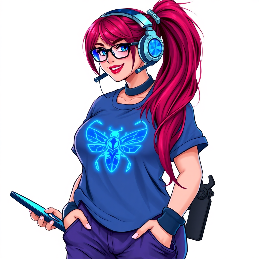 A cyberpunk vigilante’s full-figured intelligent and tech-savvy 29-year-old girlfriend, who is a computer hacker and tech genius. She has a long ruby red ponytail and bright blue eyes. She wears a sapphire beetle gemstone necklace, an oversized Maximum Blue (RGB 71, 171, 204) t-shirt featuring a neon blue glowing chest icon of a winged beetle, and matching Maximum Blue (RGB 71, 171, 204) sweatpants. She has a full-figured physique with a prominent, gargantuan, well-rounded midsection, reflecting her well-cared-for lifestyle. Her midsection is heavily emphasized. She sports a sapphire headset with a hi-tech sapphire lensed HUD visor, Maximum Blue (RGB 71, 171, 204) lipstick, black eyeglasses, and a beaming smile with a passionate bright red blush. Despite her figure and a lack of self-esteem, she radiates an air of beauty. She has an angular face which contributes to her radiant beauty. She serves as his tech expert from his hideout, holding a holographic tablet and a hi-tech tool wrench. The background is solid white. She is drawn as if she was in a retro 2D cyberpunk fighting game. Make sure her outfit covers her midsection.