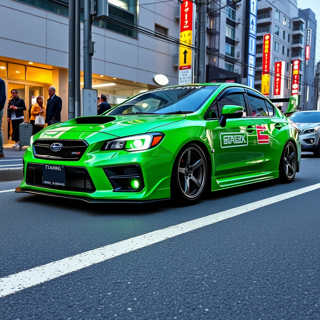 A green Subaru Impreza WRX tuning with green neon in Tokyo.