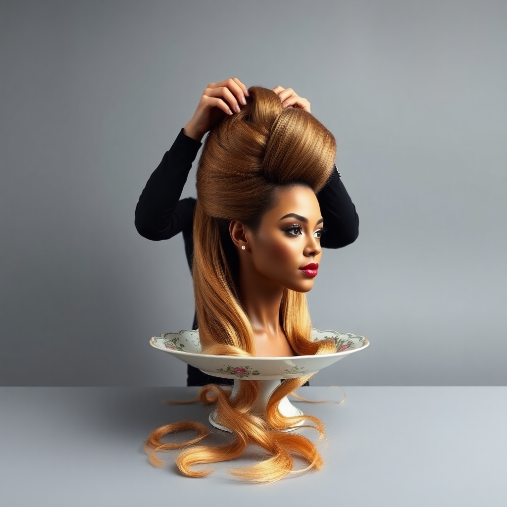 In an avant-garde tableau, a strikingly beautiful, disembodied head of a fashion icon reminiscent of Beyoncé rests elegantly on an ornate, vintage plate, its delicate china adorned with intricate floral patterns. Her long, luscious hair cascades down, shimmering like molten gold, while each strand catches the light, creating a halo effect around her perfectly sculpted features. Her chin rests gracefully on the edge of the plate, accentuating her strong jawline and full, inviting lips, which are painted with a bold crimson hue.

Behind her stands a dedicated hairdresser, dressed in chic, all-black attire, exuding a sense of calm concentration as they skillfully gather the flowing locks. The hairdresser’s fingers move deftly, weaving her hair into an impressive, towering updo reminiscent of a regal crown, adding height and drama to the surreal scene. The atmosphere is imbued with a quiet intensity, and the air is rich with the scent of high-end hair products—a blend of floral notes and smooth vanilla.

The background is a plain, muted gray, providing a stark and minimalist canvas that amplifies the surrealism of the arrangement, allowing the viewer to focus entirely on the exquisite details and craftsmanship at play. The contrast between the opulence of the subject and the simplicity of the setting creates a captivating visual narrative, engaging the viewer's imagination and inviting deeper reflection on themes of beauty and identity.