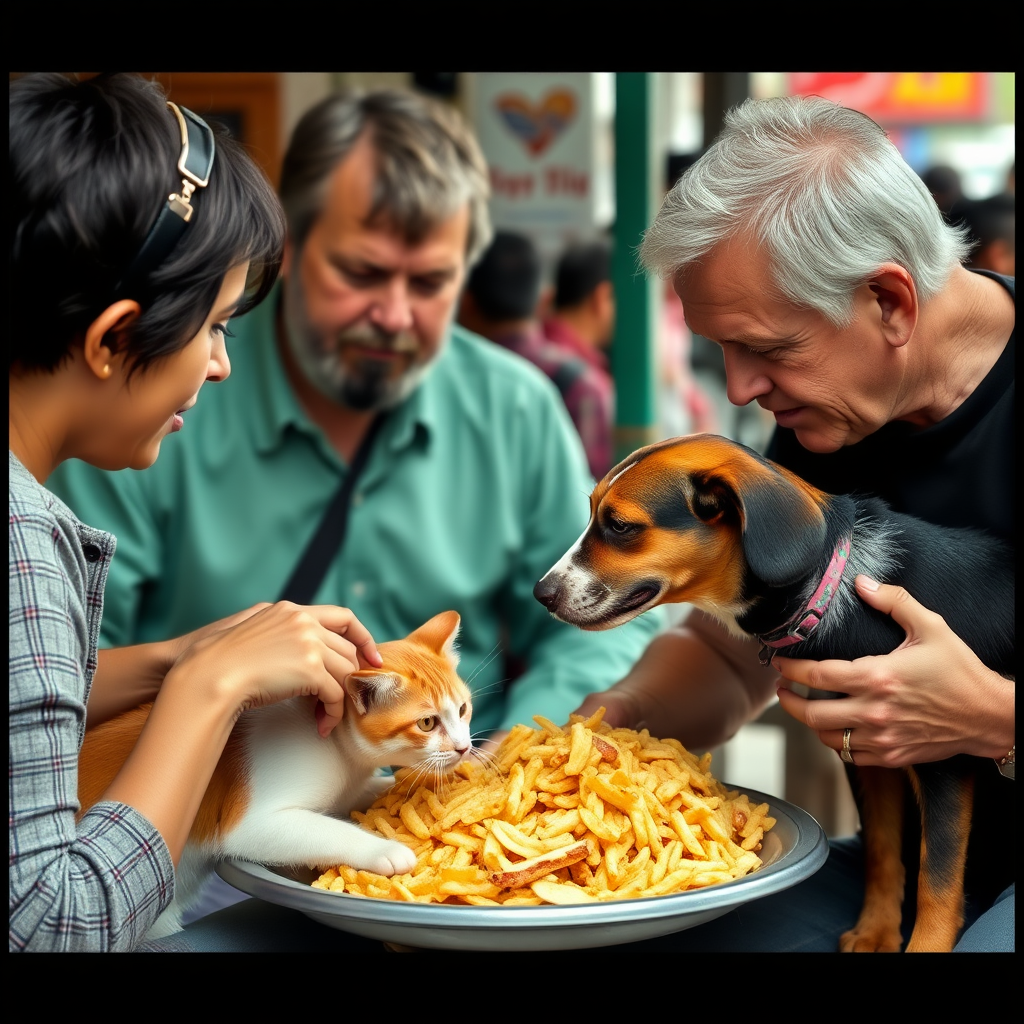 People eating cats and dogs, not cats and dogs eating.