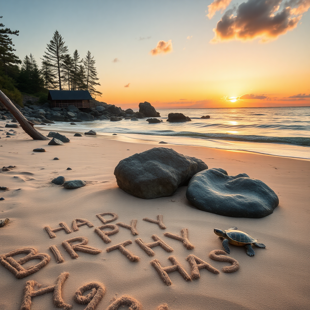 Beach with rocks, pines and bar. Sunset. Sand spelling the words "Happy Birthday Hans" Turtle in sand.