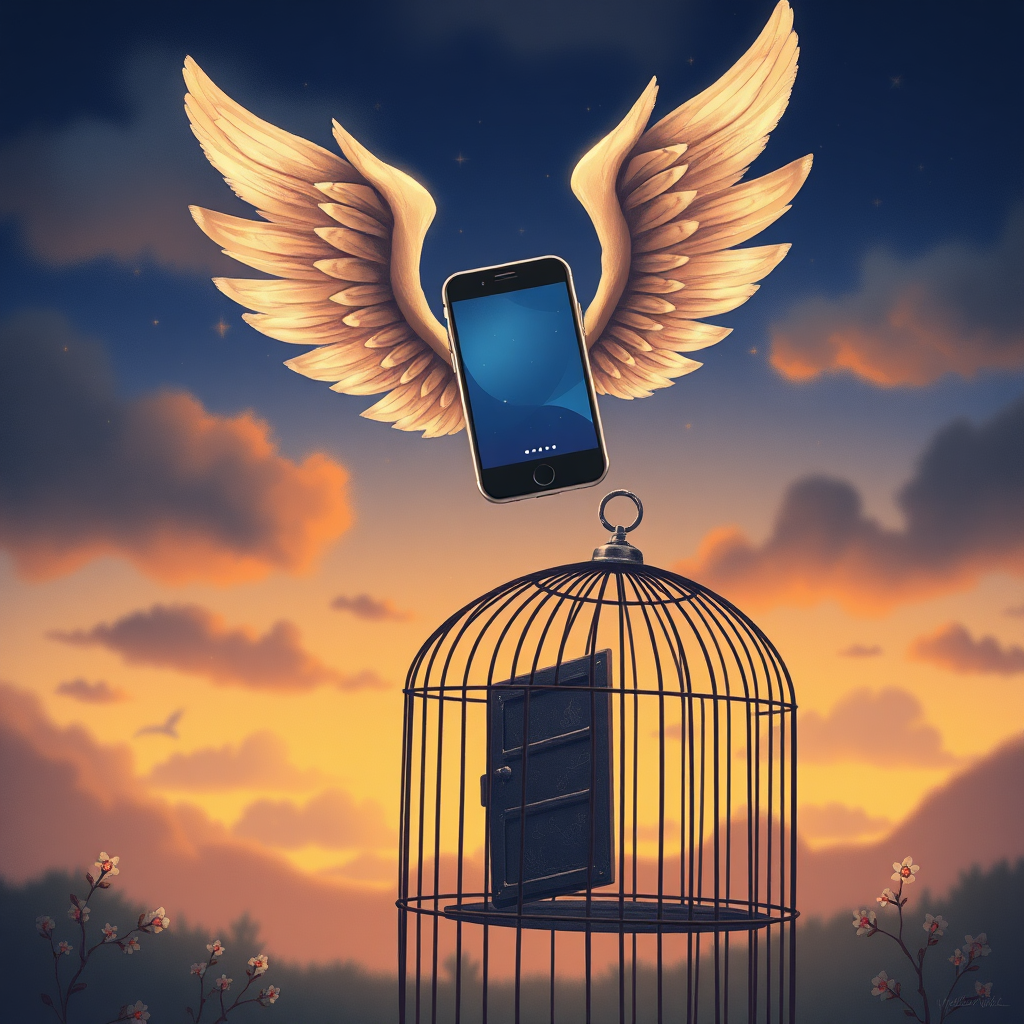 An iPhone with wings flying into a twilight sky above a bird cage with an open door, in the style of a professional children's illustration, lots of detail