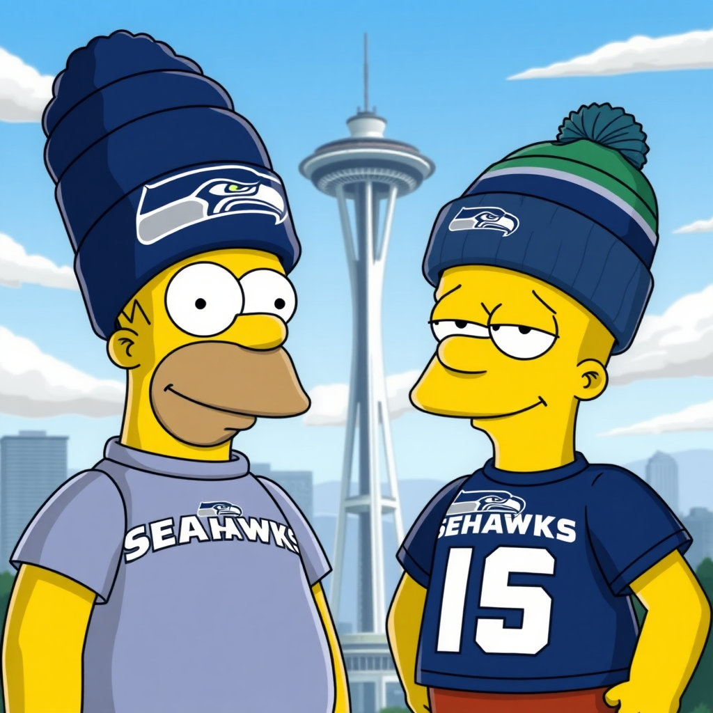 Homer Simpson and Bart Simpson wearing Seattle Seahawks t-shirt and beanie, with the Space Needle in the background.