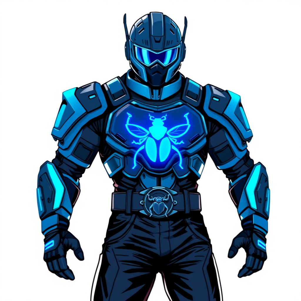 A young adult cyberpunk vigilante stands heroically, clad in high-tech, maximum blue body armor featuring a neon blue glowing beetle on the chest. They wear black biker pants, a black belt with a sapphire beetle buckle, and a helmet resembling Red Hood Jason Todd’s, but colored maximum blue with neon blue glowing lenses. Their hands are protected by black metal gloves, all set against a solid white background. He is drawn as if he was in a retro 2D cyberpunk fighting game.