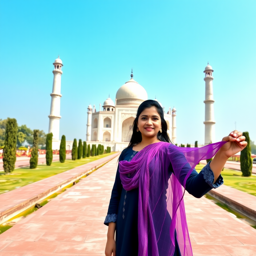 A 20 year old model in navy blue kurti with mesh violet dupatta taking photo in front of Taj Mahal, high contrast, photography taken according to the rules of photography, azure sky, taken from low angle.