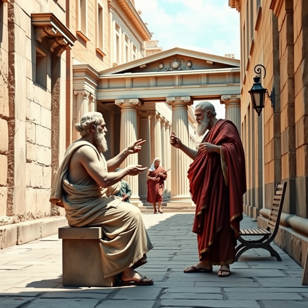 create a picture of Socrates debating on ancient Athens street