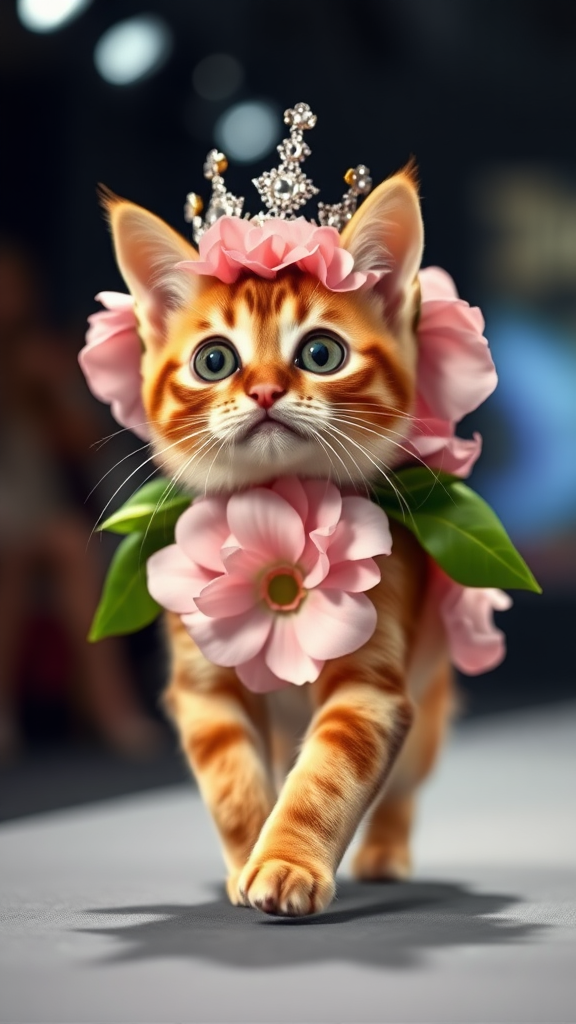 A little chubby cat with big eyes and a pink nose walking on two paws, wearing a real flower costume and a beautiful crown, doing a ramp walk in a fashion show.