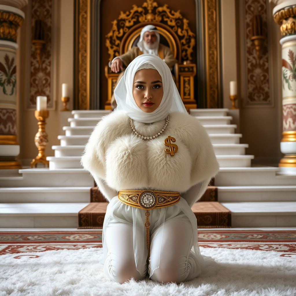 Kuwait desert palace throne room, throne raised on stair head, old overweight mighty sheik sitting on throne. In front of stairs, kneeling on white fluffy carpet: Melissa, European 17 years old very convincing femboy “trophy-bimbo”, tamed servile docile, rather short, by hormones very curvaceous womanly figured, platinum blond short tight curls, heavily made-up eyes, wearing Supertanya-style fluffy very fuzzy bright white angora turtleneck-poncho cropped ending under bust decorated with pearls and gemstones, striking oriental wide gold bridal protection belt, white fully transparent harem pants, full Oriental bridal jewelry, face covered by white sheer full Burka, coin anklets, striking diamond “$$$” letter brooch on left chest, pout frustrated, hands tied behind back, looking at camera. Focus on face and turtleneck-poncho.