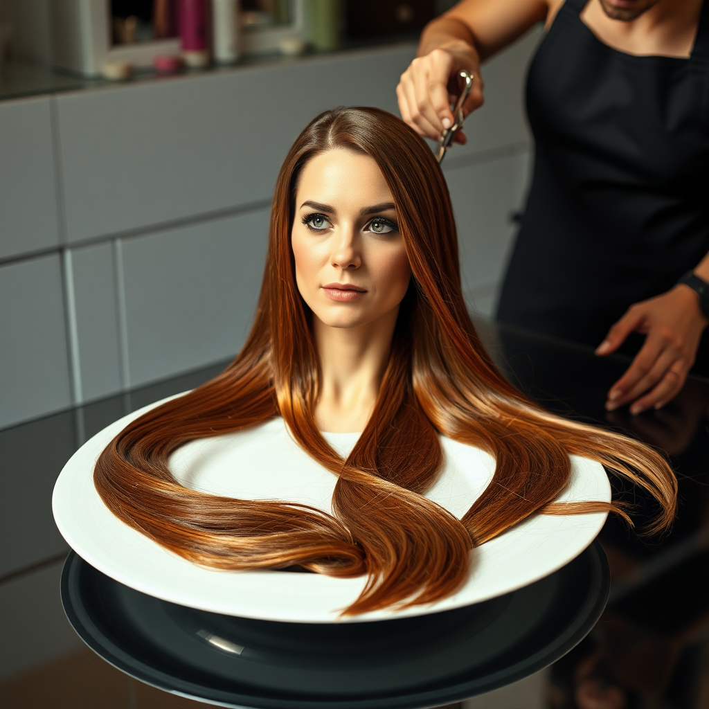 In a bizarre, surreal tableau, the polished surface of an elegant dining plate cradles the disembodied head of a strikingly beautiful Kate Middleton, her long, flowing hair cascading like a glossy waterfall of deep chestnut and honey highlights. The hair is luxuriously arranged, strands shimmering under the soft, ambient light that bathes the scene in an ethereal glow.

A skilled hairdresser, clad in a sleek black apron, stands poised with a pair of gleaming scissors, carefully trimming the endlessly luxurious locks that frame Kate's serene, almost ethereal features. The air is thick with the scent of salon products mingling with delicate hints of floral fragrances, creating an unusual yet strangely inviting atmosphere. The hairdresser's focused expression reveals a meticulous dedication as snippets of hair fall gracefully onto the pristine plate, echoing a sense of both artistry and absurdity.

The overall emotional tone conveys a dreamlike quality, inviting viewers to ponder the juxtaposition of beauty, identity, and the bizarre circumstances that bind them in this extraordinary moment.