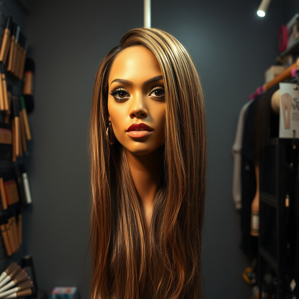 In a well lit, eccentric long hair fetish store, a strikingly unique and surreal display draws attention: the real live, flesh-and-blood disembodied head of a stunning woman reminiscent of Beyoncé, her long, flowing hair cascading like a silky waterfall around her neck. The luxurious strands shimmer with intricate highlights, ranging from deep ebony to sun-kissed gold, accentuating her perfectly sculpted features. Her captivating, dark eyes glisten with an enigmatic allure, expressing an uncanny mix of grace and mischief. 

The background is a plain, muted gray, contrasting sharply with the vibrant beauty of the head and her extravagant hair, allowing viewers to fully focus on the astonishing sight. Subtle whispers float through the air, blending with the soft rustle of hair as it sways gently, creating a sense of uncanny vitality. The atmosphere is thick with a mixture of curiosity and fascination, as shoppers, drawn in by the bizarre display, exchange incredulous glances and hushed conversations, their excitement palpable. 

The shop’s interior is cluttered yet inviting, filled with an array of hair-related items: brushes, wigs, and accessories, each designed to celebrate the beauty and allure of long hair. Dim, ambient lighting adds to the mystique, casting playful shadows that dance around the room, enhancing the surreal quality of the disembodied head on display. It's an experience that blurs the lines between reality and fantasy, tugging at the viewer’s imagination and evoking a sense of wonder.